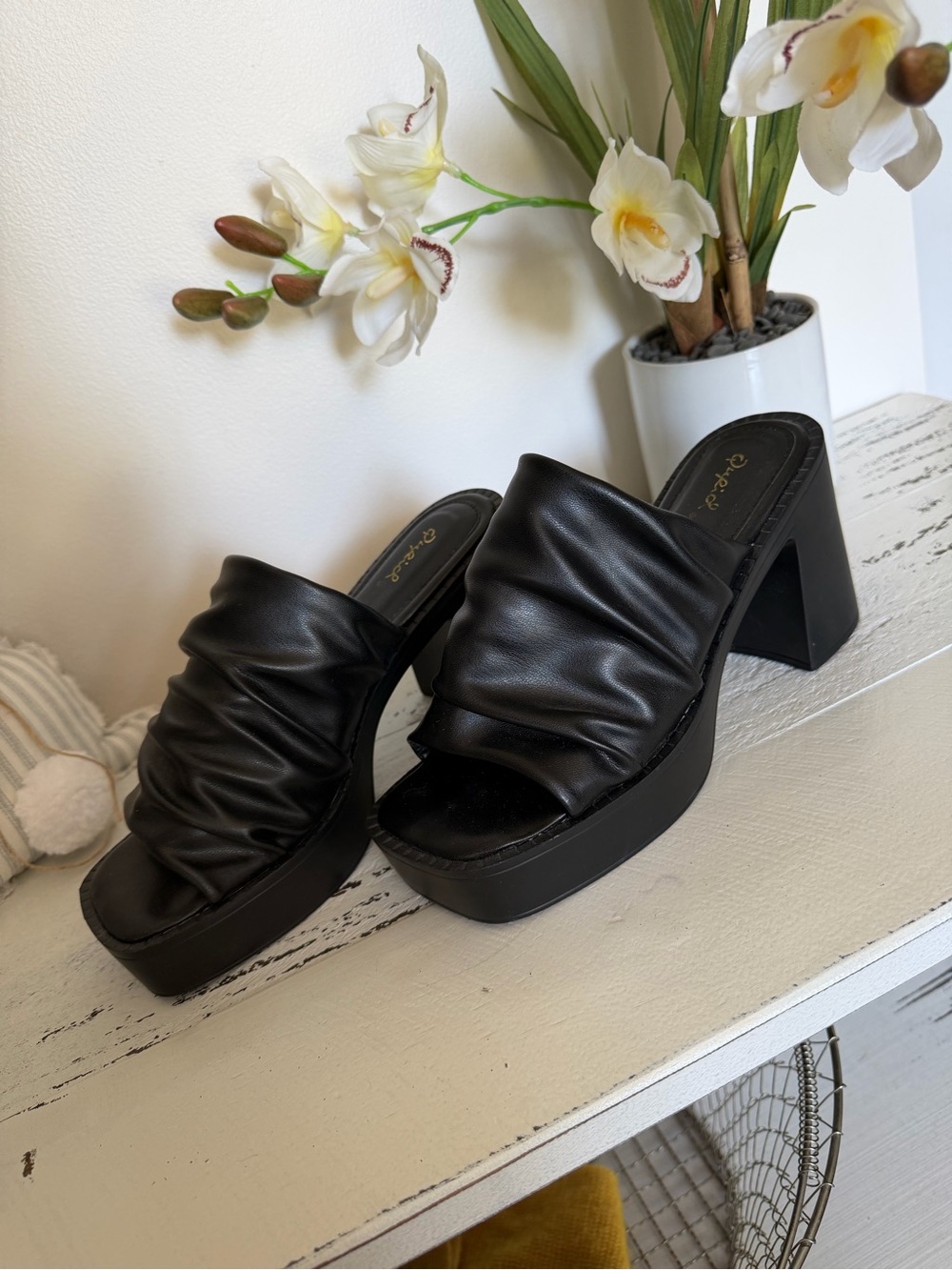 Qupid Black Ruched Platform Mules